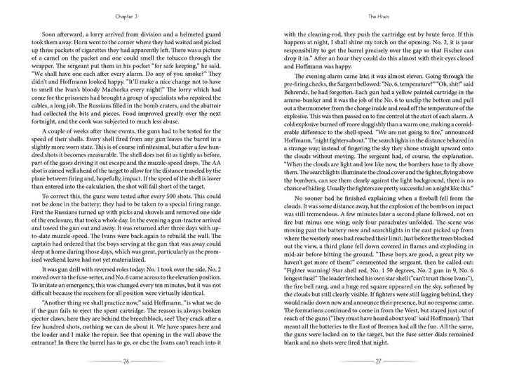 An open copy of Vampir by Schiffer Publishing, Ltd. shows pages 26–27: black serif text details Chapter 3, "The Hives," recounting a WWII machine gunner’s experience in an antiaircraft defense battery. No images appear.