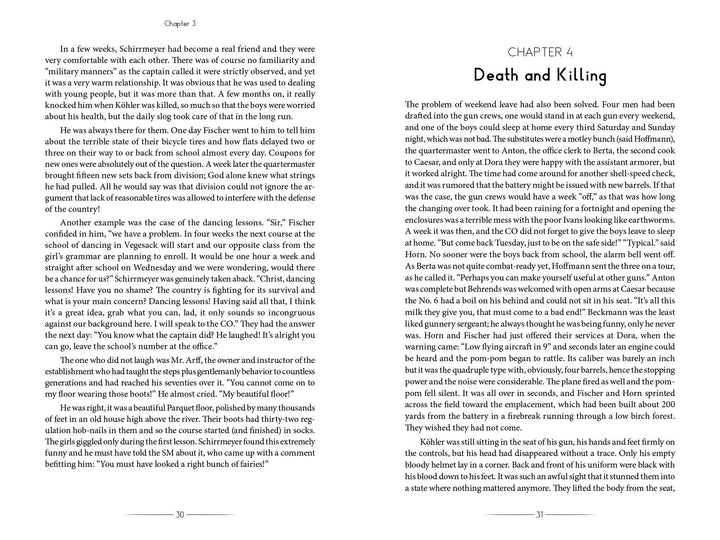 Two pages from "Vampir" by Schiffer Publishing, Ltd. are shown: the left ends Chapter 3, the right begins Chapter 4 ("Death and Killing") about a WWII night-fighting machine gunner in antiaircraft defense, printed in serif font on white pages.