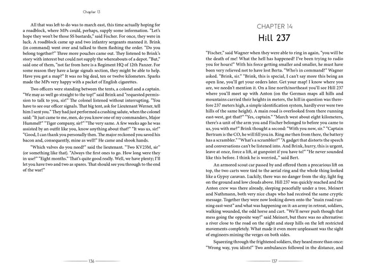 A book spread from "Vampir" by Schiffer Publishing, Ltd. shows the end of Chapter 13 and start of Chapter 14, Hill 237. The WWII memoir details soldiers preparing for battle amid tense experiences. No images or illustrations are included.