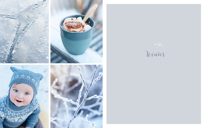 A collage for "All-Year-Round Knitting for Little Sweethearts" by Schiffer Publishing, Ltd. shows icy footprints, hot chocolate, a baby in blue nature-inspired knitwear, frosty branches, and a grey panel with "winter" and a cloud.