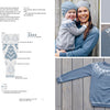 A smiling woman and child wear matching blue Nordic-patterned sweaters and hats, showcasing nature-inspired knitwear from "All-Year-Round Knitting for Little Sweethearts" by Schiffer Publishing, Ltd. Close-ups feature designs and pattern charts.