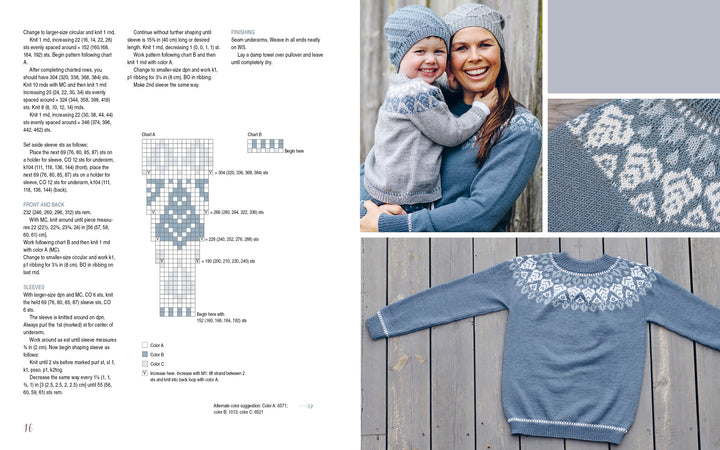 A smiling woman and child wear matching blue Nordic-patterned sweaters and hats, showcasing nature-inspired knitwear from "All-Year-Round Knitting for Little Sweethearts" by Schiffer Publishing, Ltd. Close-ups feature designs and pattern charts.