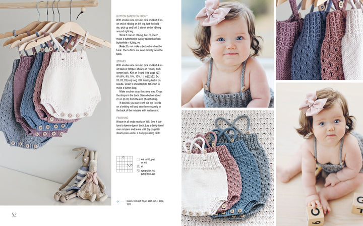 A collage inspired by "All-Year-Round Knitting for Little Sweethearts" (Schiffer Publishing, Ltd.): baby rompers on hangers, a smiling girl in a pink bow and romper, playful close-ups, and rompers in white, blue, mauve with a plush bunny.