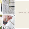 A collage with a bride and groom, weathered wood, white flowers, and a baby in white knitwear from "All-Year-Round Knitting for Little Sweethearts" by Schiffer Publishing, Ltd., plus a beige “Parties and Holidays” section with a small heart above the text.