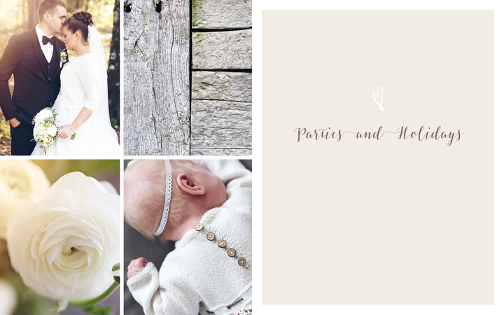 A collage with a bride and groom, weathered wood, white flowers, and a baby in white knitwear from "All-Year-Round Knitting for Little Sweethearts" by Schiffer Publishing, Ltd., plus a beige “Parties and Holidays” section with a small heart above the text.