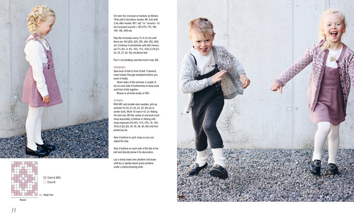 Three kids play happily outdoors in cozy, nature-inspired knitwear sets from "All-Year-Round Knitting for Little Sweethearts" by Schiffer Publishing, Ltd., featuring soft pink, white, and grey outfits—skirts and sweaters for girls, shorts and cardigan for the boy.