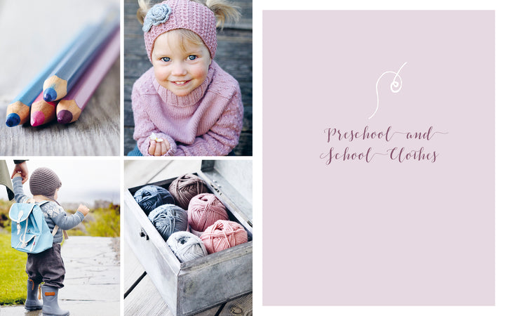 A collage featuring colored pencils, kids in nature-inspired knits, a backpack, yarn balls, and the text "Preschool and school clothes," promoting Schiffer Publishing, Ltd.'s All-Year-Round Knitting for Little Sweethearts.