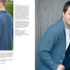 A boy and a man wear blue cardigans from "All-Year-Round Knitting for Little Sweethearts" by Schiffer Publishing, Ltd. The boy stands in a field; the man smiles on steps. Text instructions for these nature-inspired knits are shown.