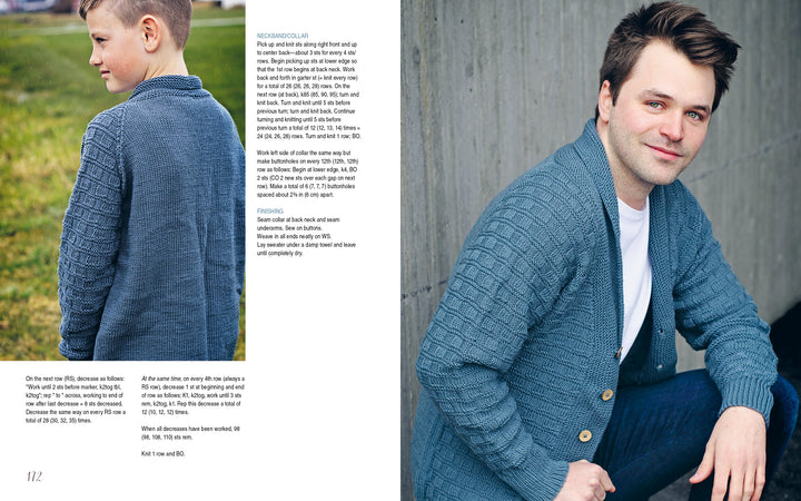 A boy and a man wear blue cardigans from "All-Year-Round Knitting for Little Sweethearts" by Schiffer Publishing, Ltd. The boy stands in a field; the man smiles on steps. Text instructions for these nature-inspired knits are shown.