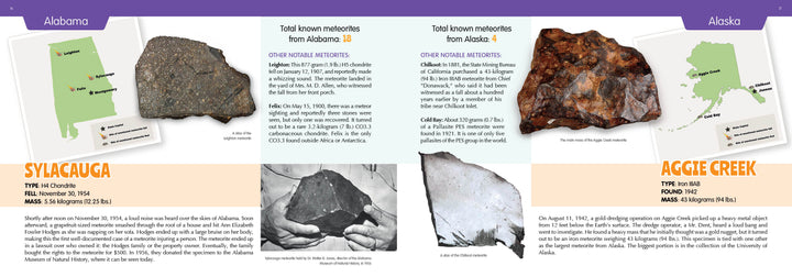 Discover "The 50 State Unofficial Meteorites" by Schiffer Publishing, Ltd.—a fun kids guidebook with photos, maps, and facts about Alabama's Sylacauga and Alaska's Aggie Creek meteorites!.