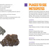 An open book from Schiffer Publishing's "The 50 State Unofficial Meteorites" displays three meteorites on the left page and a list of state meteorite museums titled "Places to See Meteorites" on the right.