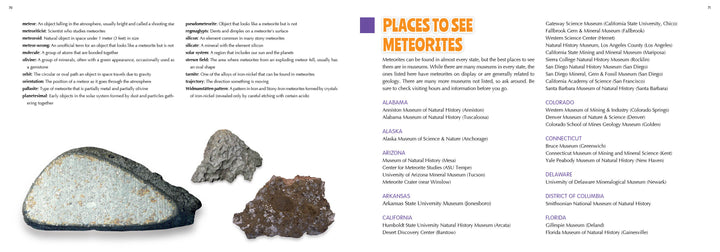 An open book from Schiffer Publishing's "The 50 State Unofficial Meteorites" displays three meteorites on the left page and a list of state meteorite museums titled "Places to See Meteorites" on the right.