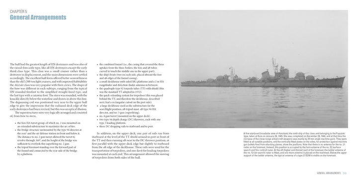 A black-and-white photo of an Akizuki-Class Destroyer from Schiffer Publishing, Ltd. shows the WWII Imperial Japanese Navy warship on calm water, surrounded by fog, with ship arrangement text on the left side of the image.