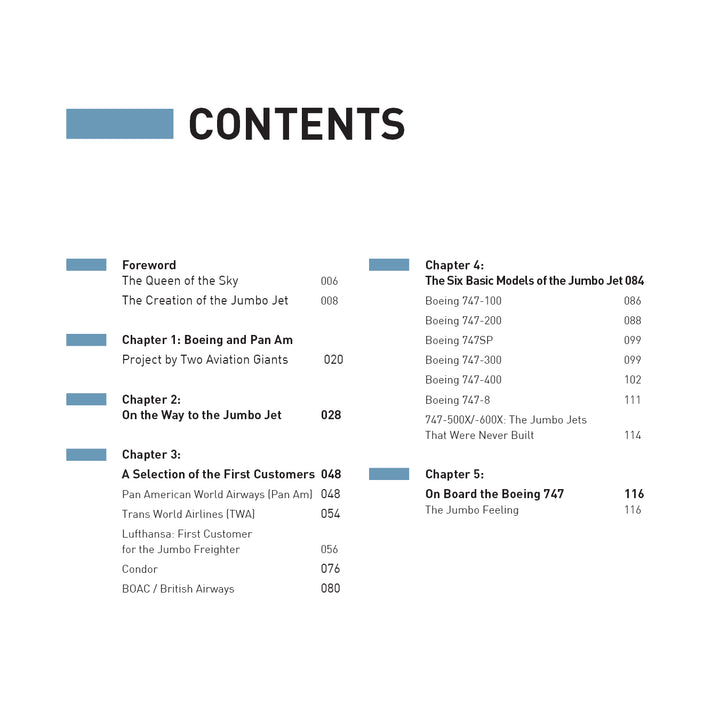 A table of contents page for "Boeing 747" by Schiffer Publishing, Ltd. lists section titles and pages covering aviation history, top airlines, and technical details of the Jumbo Jet, with blue headers dividing each chapter.
