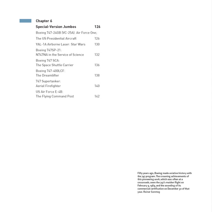 Chapter 6’s table of contents (pages 126–142) lists aircraft, with a sidebar photo featuring the Boeing 747 by Schiffer Publishing, Ltd., highlighting its historical significance in aviation.