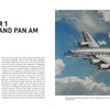 A vintage photo of a blue and white Boeing 747 in flight appears on the right page, while the left features the chapter title "BOEING AND PAN AM" and introductory text on aviation history. Published by Schiffer Publishing, Ltd.