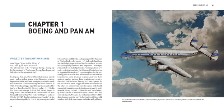 A vintage photo of a blue and white Boeing 747 in flight appears on the right page, while the left features the chapter title "BOEING AND PAN AM" and introductory text on aviation history. Published by Schiffer Publishing, Ltd.