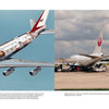 Left: A cutaway of the Boeing 747 reveals passenger seating and cargo below. Right: Two historic Boeing 747s from Air France and Japan Airlines are shown together at the gate. Brand: Schiffer Publishing, Ltd.