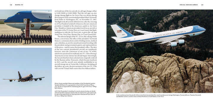 A page spread showcases the Boeing 747: troops parading before it, one flying above mountains, one taking off, and one passing Mount Rushmore, plus text on this iconic jet’s role in aviation history. From Schiffer Publishing, Ltd.