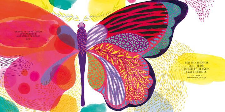 Infinity by Schiffer Publishing, Ltd. features a vibrant multicolored butterfly with intricate red, orange, purple, yellow, turquoise, and blue wing patterns, symbolizing nature’s cycles. Inspirational quotes appear on both sides against a white background.