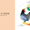 Infinity by Schiffer Publishing, Ltd. features a chicken life cycle diagram: egg, chick, and hens linked with arrows. "The Life Cycle of Chickens" is titled on a peach background—ideal for teaching natural cycles in picture books.