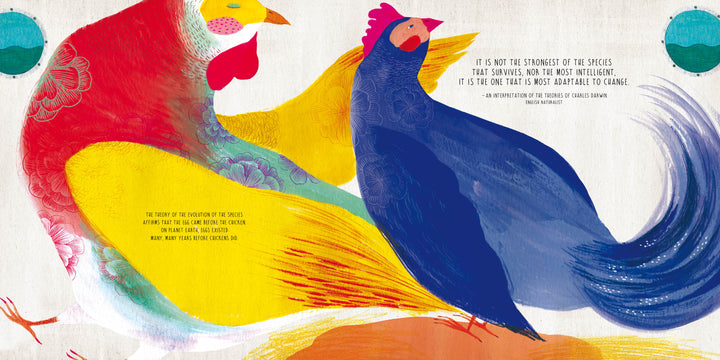 In "Infinity" by Schiffer Publishing, Ltd., a yellow-red chicken and a blue-pink chicken face each other, symbolizing nature’s cycles. A quote on adaptability and survival appears to the right, with small decorative circles in each corner.