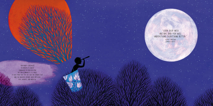 In "Infinity" by Schiffer Publishing, Ltd., a child gazes through a telescope at a bright moon filled with an Einstein quote, as colorful red and blue patterns stream from the telescope under a star-filled night sky.