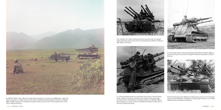 A color photo shows two M50/M50A1 Ontos vehicles by Schiffer Publishing, Ltd. in a grassy, mountainous field with soldiers nearby; alongside four black-and-white images of North Vietnamese tanks with anti-aircraft guns.