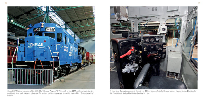 Left: The blue Conrail GP39 #2233 is showcased indoors at the Railroad Museum of Pennsylvania. Right: Its cab’s control panel displays switches, levers, and gauges. From "The Railroad Museum of Pennsylvania in Pictures" by Schiffer Publishing, Ltd.