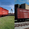 A split image from "The Railroad Museum of Pennsylvania in Pictures" by Schiffer Publishing, Ltd. shows a red Pennsylvania Railroad hopper on grass and a brown Delaware & Hudson boxcar by buildings, both with classic white markings.