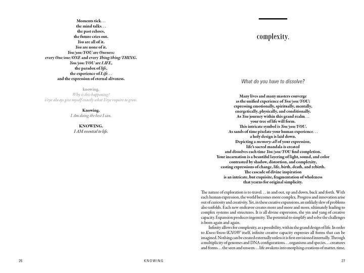 The book "Knowing" by Schiffer Publishing, Ltd. shows two pages: the left highlights poetry and prose on knowing and life, inviting soulful intimacy; the right, titled "complexity.," delves into experience and self-realization.