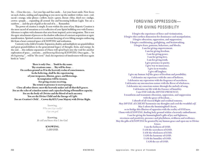 The two-page spread from "Knowing" by Schiffer Publishing, Ltd. features black text with italic purple headings. The left page explores intimacy and divinity; the right delivers affirmations titled FORGIVING OPPRESSION—FOR GIVING POSSIBILITY.