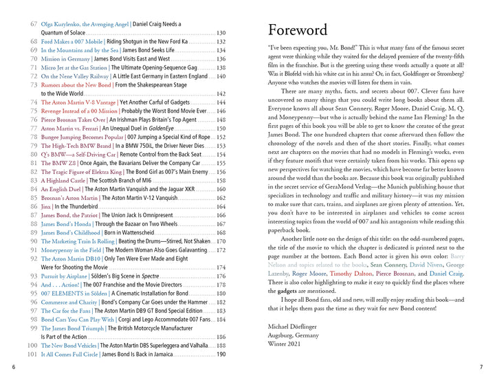 A book spread of "101 Things You Should Know about James Bond 007" by Schiffer Publishing, Ltd. shows a contents table with movie titles and page numbers on the left, and a foreword by Michael Defrancesco, Augsburg, Winter 2021 on the right.
