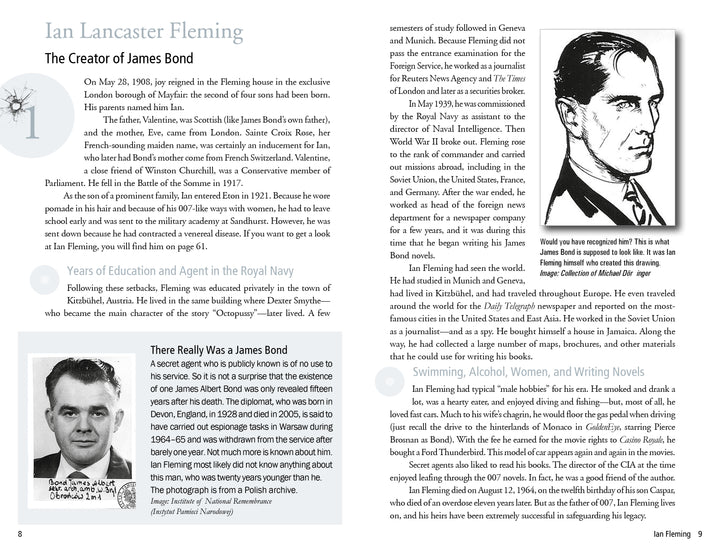 A page from "101 Things You Should Know about James Bond 007" by Schiffer Publishing, Ltd., featuring text and images likely depicting James Bond, the legendary spy created by Ian Fleming.