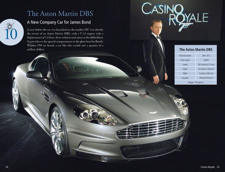 Indoors, 007 James Bond stands in a tuxedo beside a silver Aston Martin DBS. The Casino Royale logo glows behind them, capturing Ian Fleming’s world. On the right, discover Schiffer Publishing’s "101 Things You Should Know about James Bond 007.