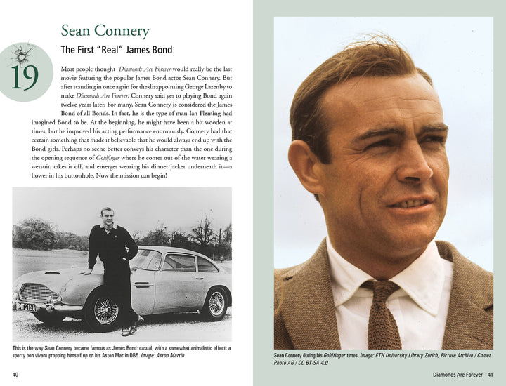 A magazine spread for "101 Things You Should Know about James Bond 007" by Schiffer Publishing, Ltd.: Left, Sean Connery as 007 with an Aston Martin; right, a close-up of Connery in a brown jacket against a blue sky.