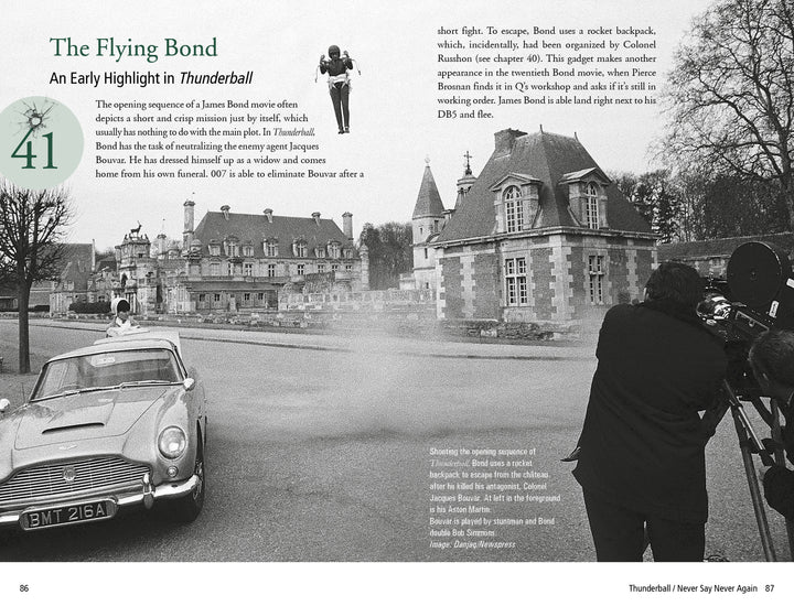 Black-and-white photo of a classic Aston Martin racing past a grand building as a film crew shoots, with dust trailing. Text overlays reference Schiffer Publishing, Ltd.'s "101 Things You Should Know about James Bond 007" and the classic Thunderball adventure.