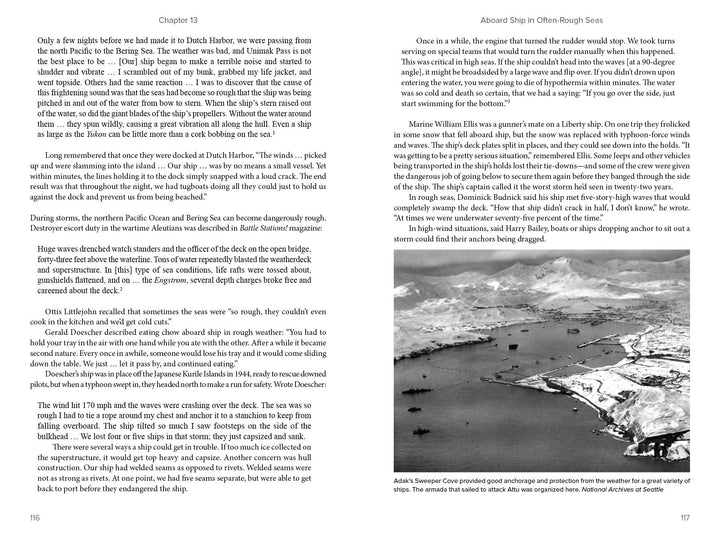Two pages from "Awaiting the Sun" by Schiffer Publishing, Ltd. feature sailing tales and a black-and-white photo of a ship near rugged Aleutian cliffs, capturing the rough sea and echoes of WWII explorations in North America.