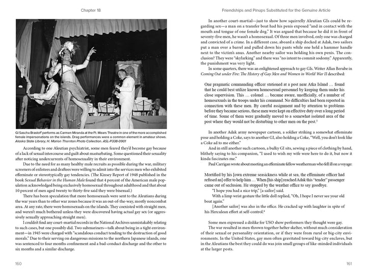 On the left, a black-and-white photo from "Awaiting the Sun" (Schiffer Publishing, Ltd.) shows a performer in a gown with a man in tuxedo and a figure in a feathered headpiece; North American war history text by Bil Paul fills the pages.