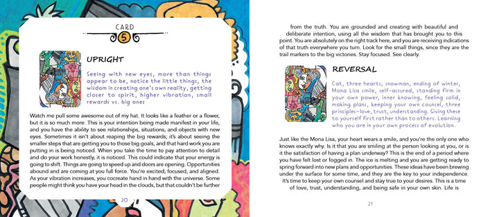 Experience "Powerful Perspectives" by Schiffer Publishing, Ltd.: a two-page tarot spread with Upright meaning and art on the left, Reversal meaning and an illustrated card bordered in blue on the right.