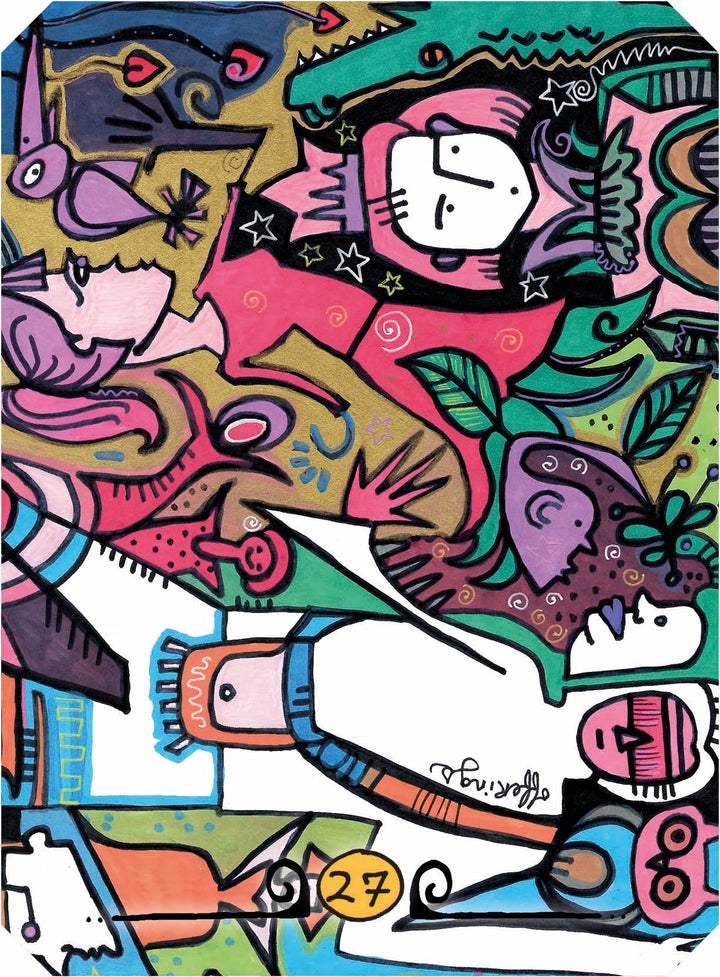 Powerful Perspectives" by Schiffer Publishing, Ltd. features colorful abstract art with whimsical shapes, faces, and bold pink, green, purple, and yellow hues. A yellow circle with the number 27 appears at the bottom center, resembling an oracle deck card.