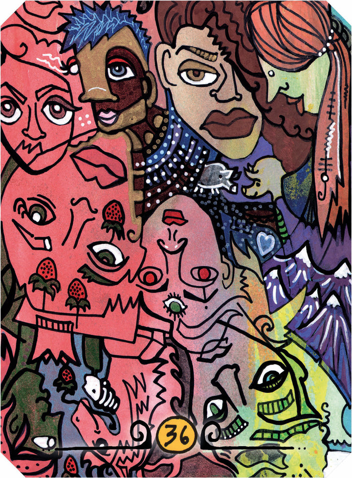 Powerful Perspectives by Schiffer Publishing, Ltd. features a vibrant abstract illustration with overlapping faces in diverse expressions, patterns, and hairstyles—some upside down—with the number 36 at the bottom center for intuitive guidance.