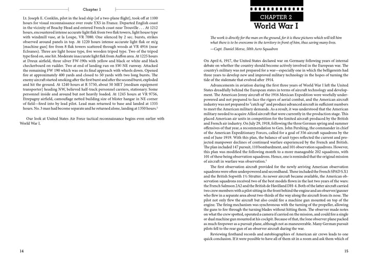 Two open pages of "Tac Recon" by Schiffer Publishing, Ltd.: Page 14 explores early Air Force reconnaissance missions and planes in WWI, while page 15 begins Chapter 2 with a quote and an overview of aviation's role in aerial warfare.