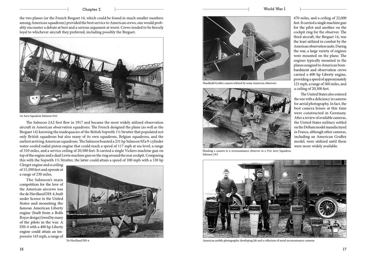 Two pages from Schiffer Publishing, Ltd.’s Tac Recon showcase text on World War I and photos of American aviators, planes, and a dog. Captions highlight aviation history, the Salmson 2A2, Handley-Page bomber, and 88th Aero Squadron’s missions.