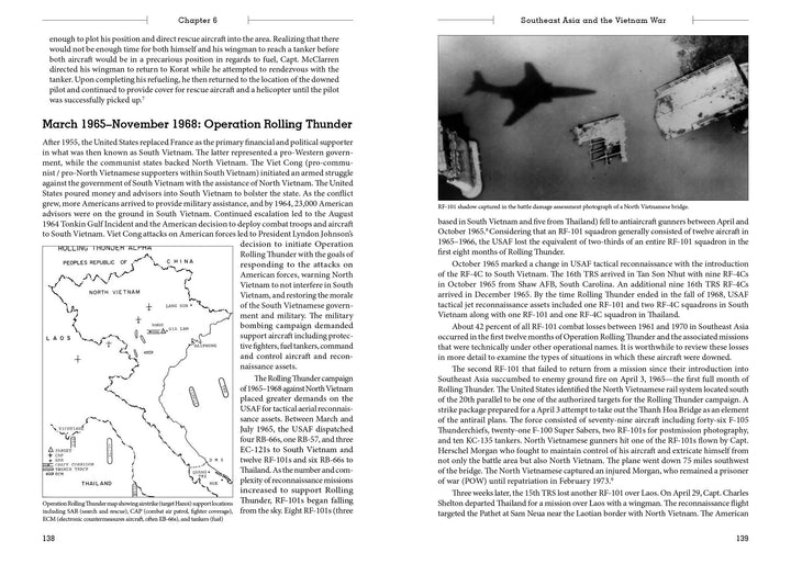 A page from Schiffer Publishing, Ltd.'s Tac Recon covers Operation Rolling Thunder, with maps of Vietnam and a photo of an Air Force bomber’s shadow over buildings and water, detailing U.S. military actions in the Vietnam War.