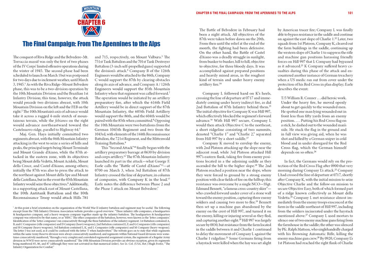A two-page spread from Schiffer Publishing's The 10th Mountain Division, titled "The Final Campaign: From The Apennines to the Alps," features three-column text, a top left section header, and "Chapter 6" graphic, highlighting WWII Italian campaign actions. No images included.