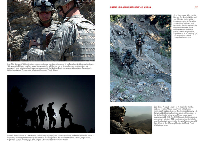 Schiffer Publishing, Ltd.'s "The 10th Mountain Division" showcases U.S. soldiers in combat gear patrolling mountains, providing security, and briefing at sunset—capturing their teamwork and vigilance during deployment.
