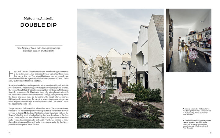Schiffer Publishing, Ltd.'s The Forever Home showcases a modern townhouse complex with angular white façades, flexible layouts, shared green courtyards for all ages, and inviting interiors where families gather at the kitchen table.