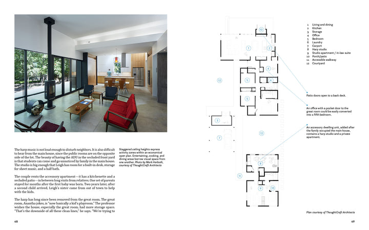 A modern open-plan living room with large windows and colorful furniture sits beside a floor plan diagram of The Forever Home by Schiffer Publishing, Ltd., highlighting its flexible design with numbered features and descriptions.