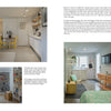 A magazine spread from Schiffer Publishing, Ltd.'s "The Forever Home" features adaptable townhouse interiors—a dining area with a small table, a bedroom with a bicycle wall rack, and a living space with a green patterned sofa.